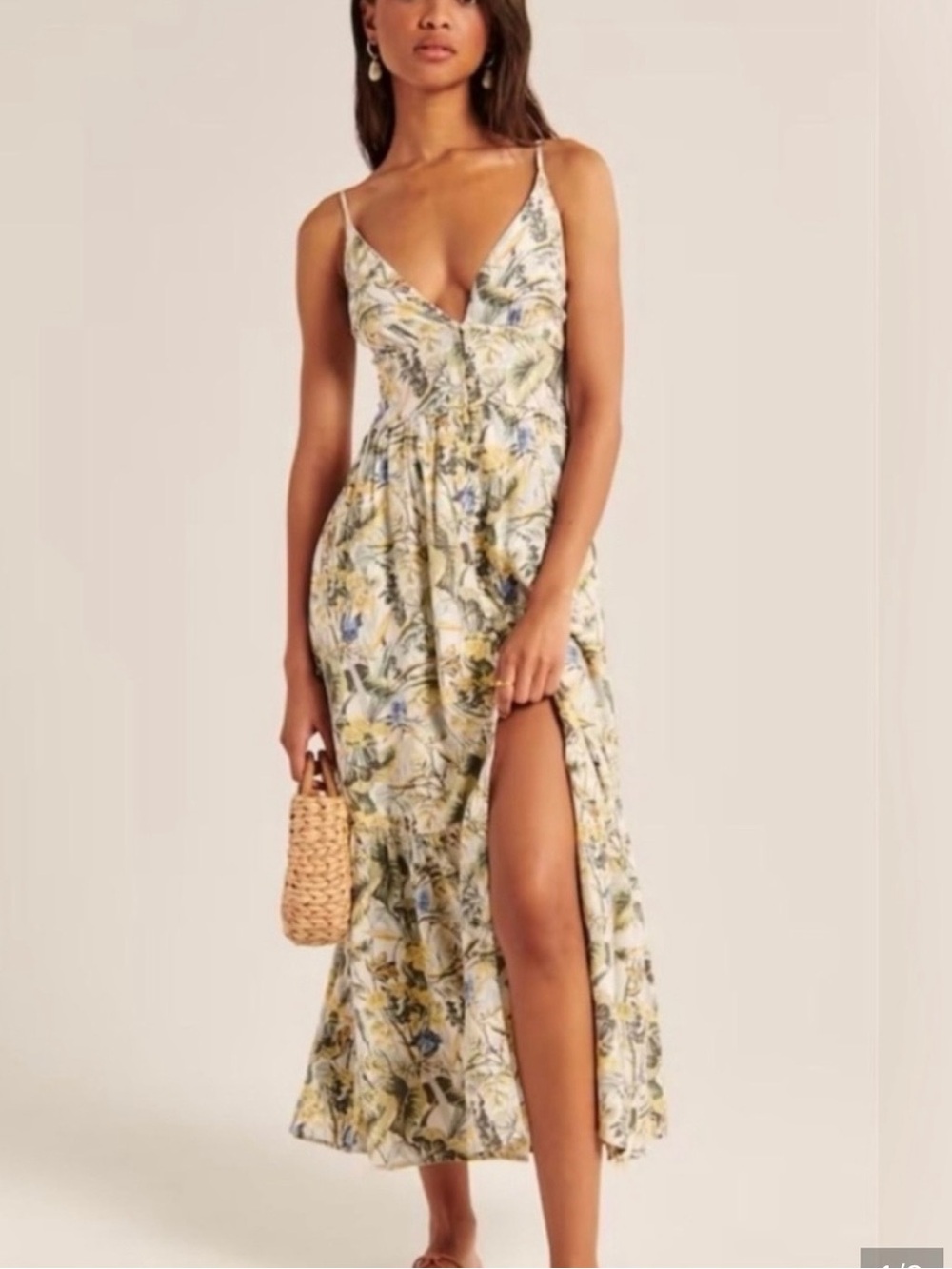 Abercrombie & Fitch Cream Floral Spaghetti-Strap Maxi Dress with Yellow Accents